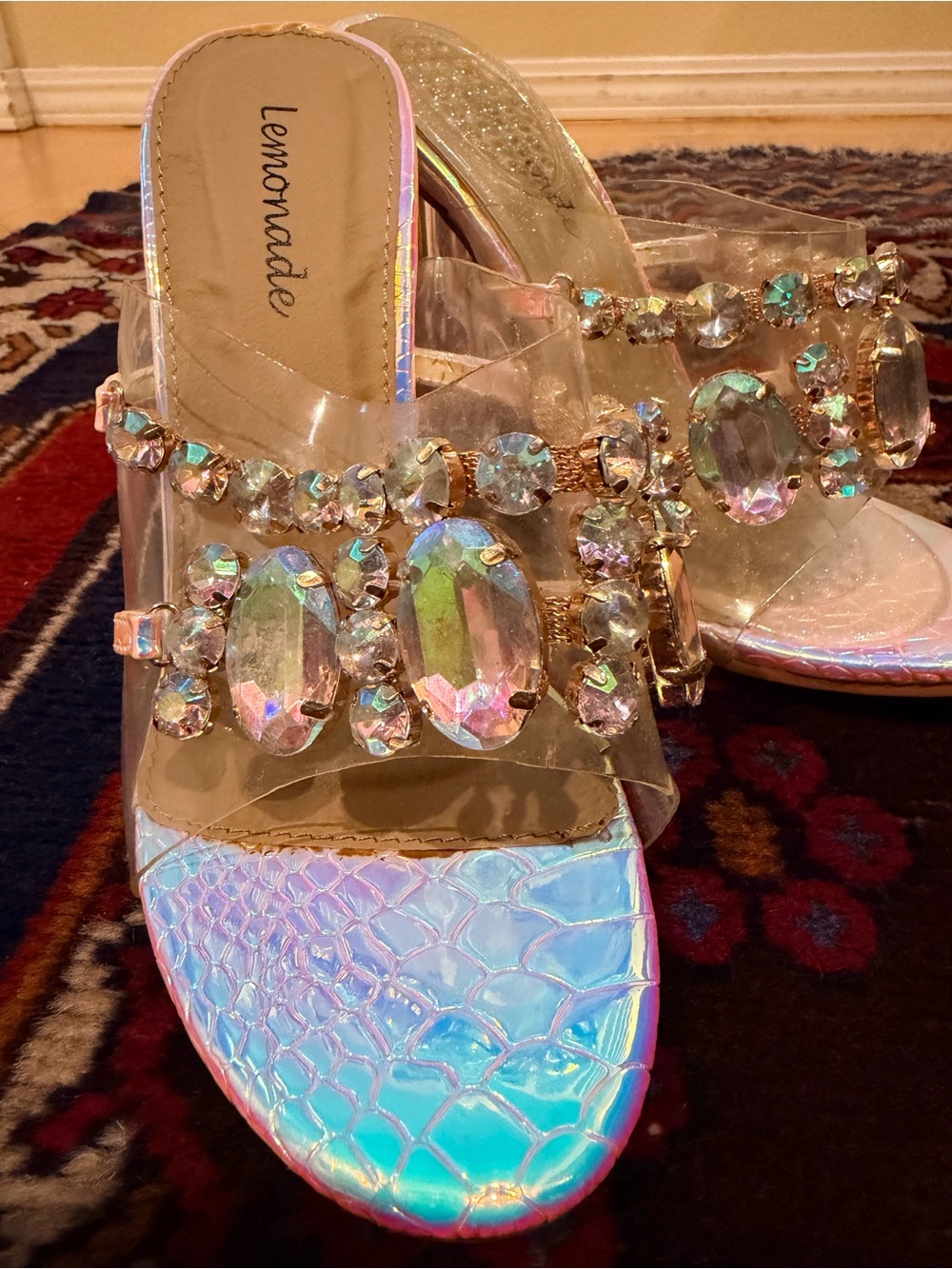 Lemon Iridescent Gem Mules with Clear Straps